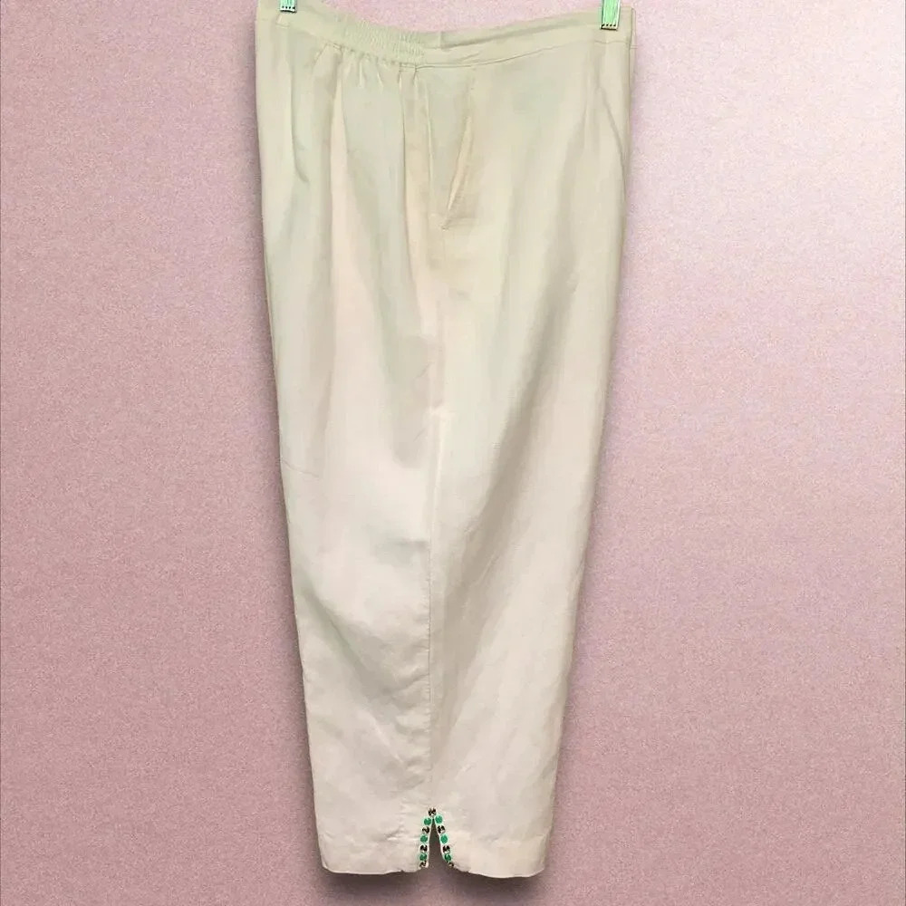 Ruby Rd Linen Blend Crop Straight Leg Pants Beaded Split Hem Plus Size 18W White - Picture 3 of 16